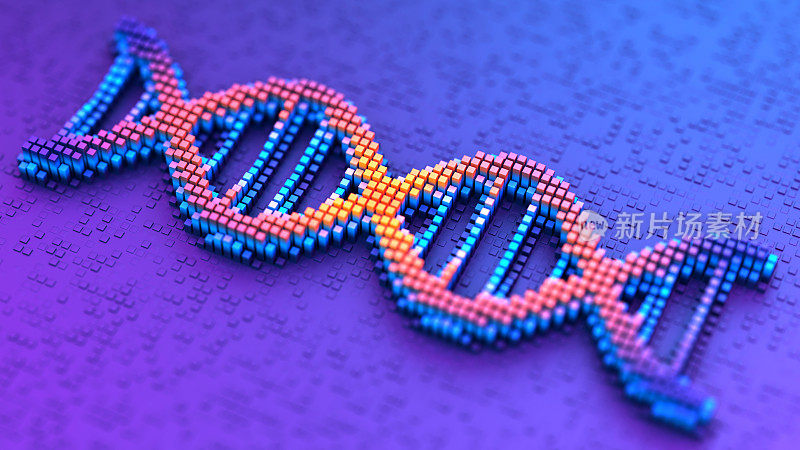 数字蓝色背景与DNA双螺旋结构。核酸序列。遗传研究。3 d演示。像素化的效果。